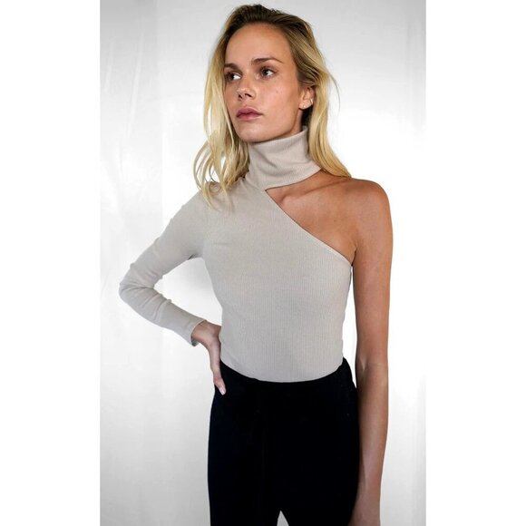 The Range Shirt Women XS Beige Mushroom Mass Rib Knit Carved Turtleneck Top Sexy - Picture 1 of 11